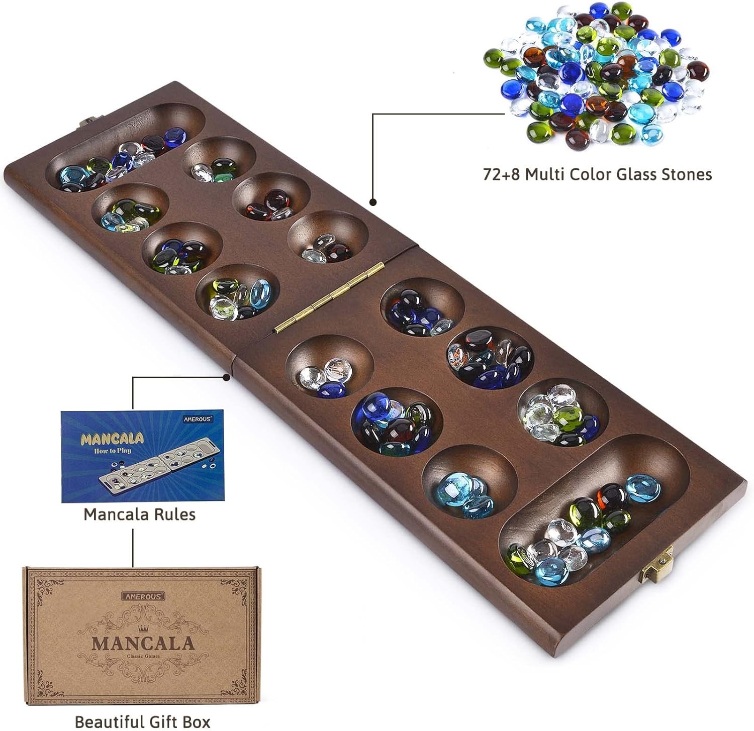 AMEROUS Wooden Mancala Board Game Set with 72+8 Bonus Multi Color Glass…
