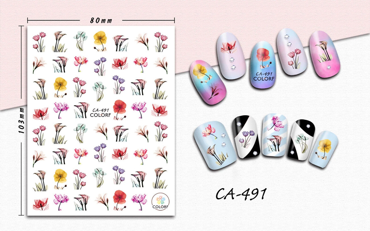 Nail art 3D stickers decal red white pink blue yellow flowers CA491