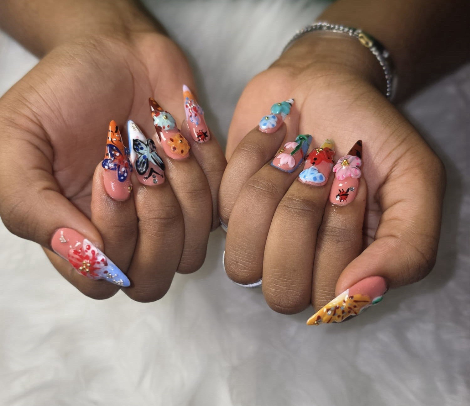 Multicolor 3D Floral Long Stiletto Press-On Nails Pre-Designed Handmade