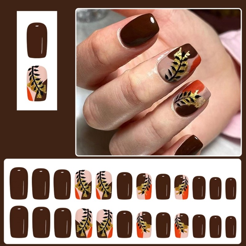 Salon Grade Press On Nail Gold Foil Glitters Artificial Nail NonToxic 24Pc/Box