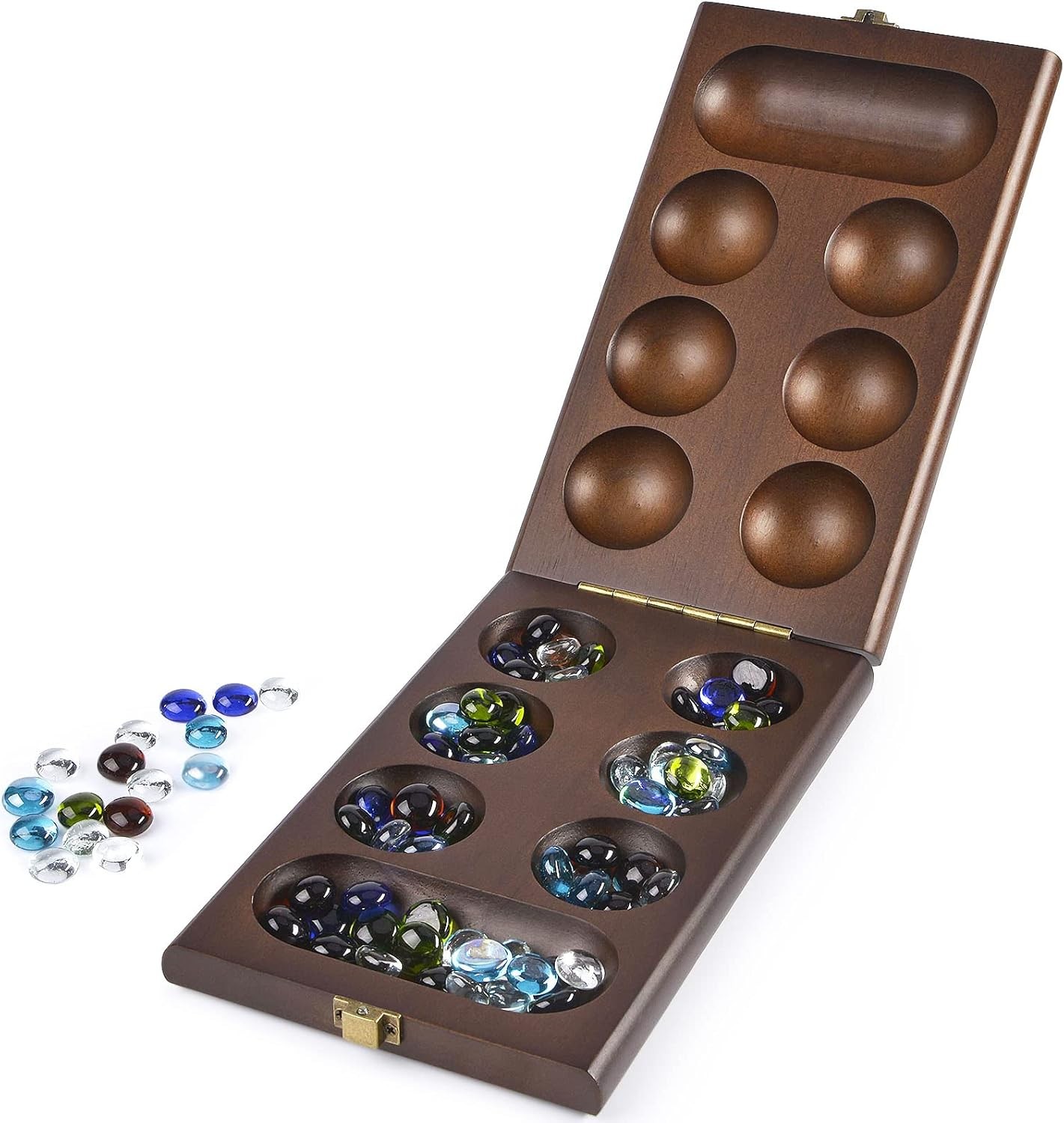 AMEROUS Wooden Mancala Board Game Set with 72+8 Bonus Multi Color Glass…