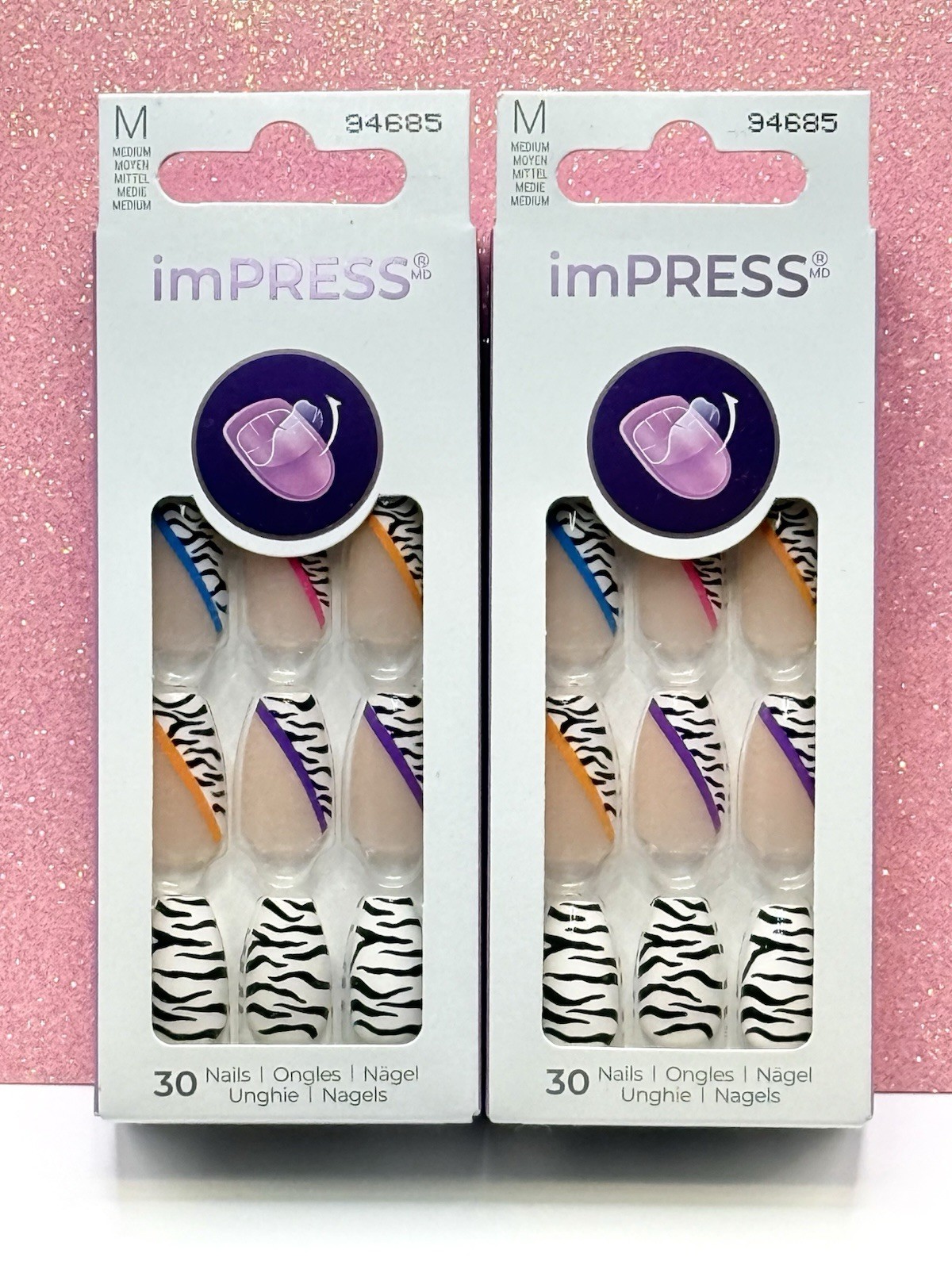 Kiss imPRESS Press-On Nails Manicure Medium Zebra French Neon 94685 Lot Of 2