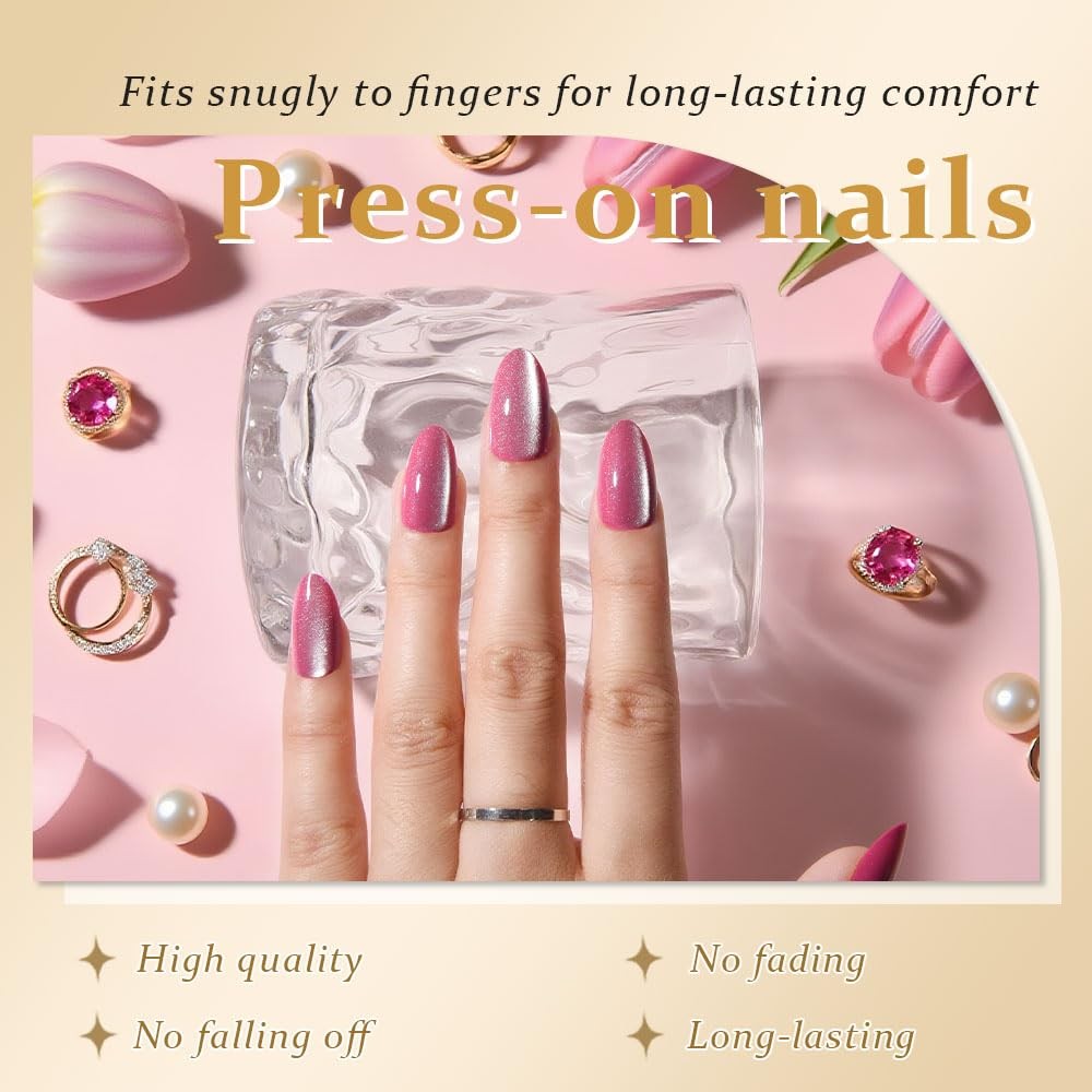 Rose Red Cat Eye Real Short Press on Nails Almond, Petite Short Almond Stick …
