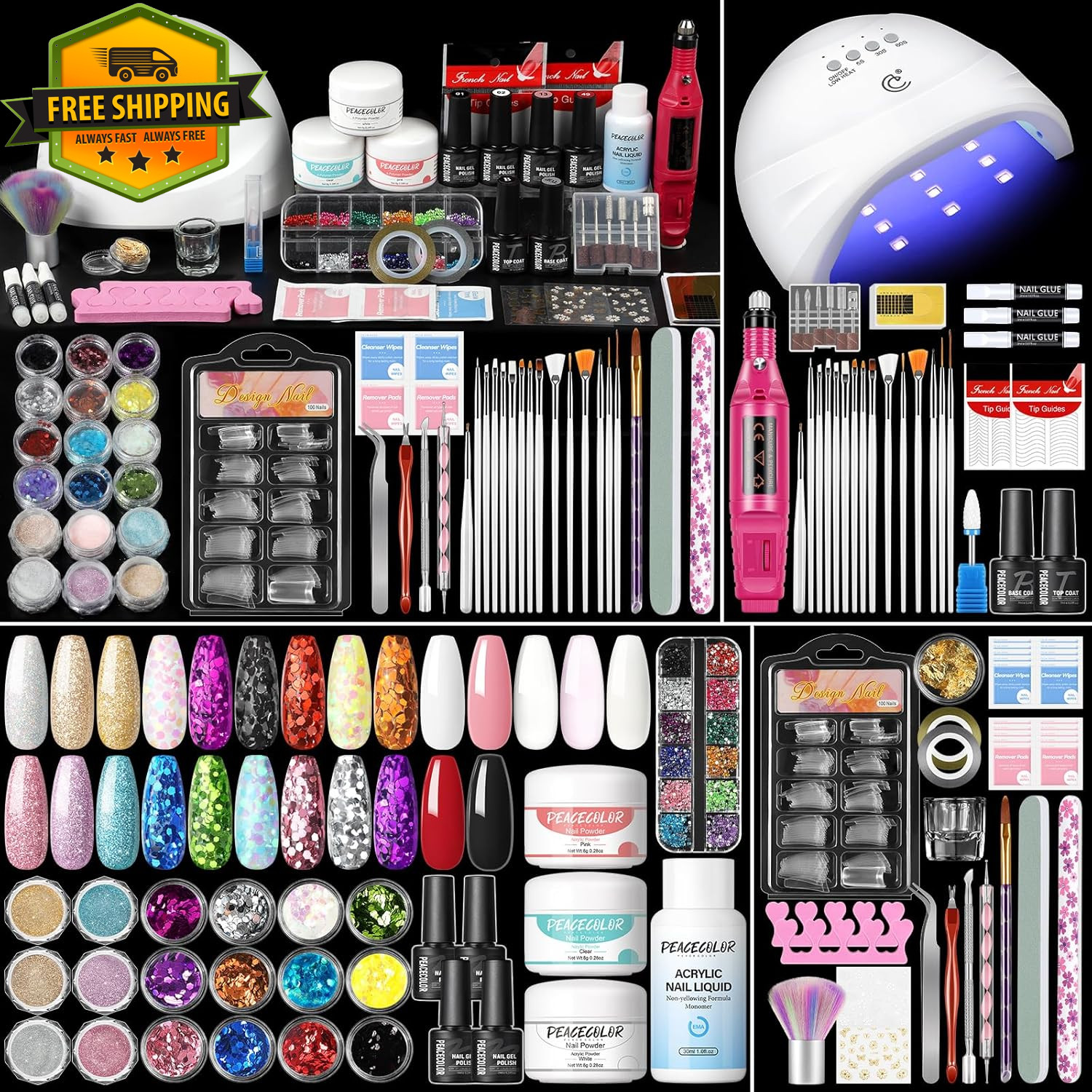 Acrylic Nail Kit With Drill UV Light 3 Powder Glitter Tips DIY Home Salon Set