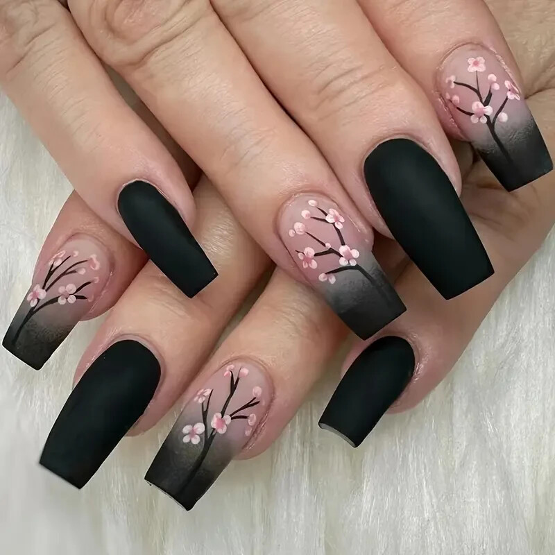 24 Pcs Press-On Oval Nails – Middle Length Black and Pink Gradient with Cherry
