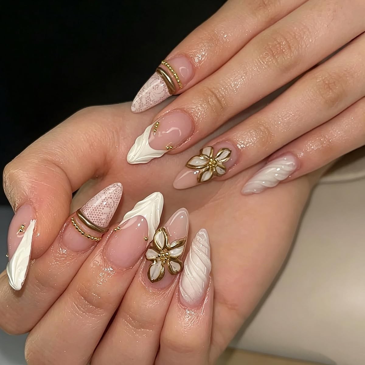 White French Tip Press on Nails Medium Almond Fake Nails with Lace and 3D Scu…