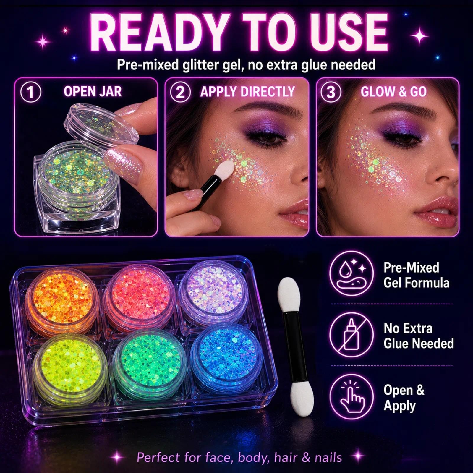 6 Colors Glow in The Dark Glitter Gel, Face & Body Glitter for Women, Neon Bl…