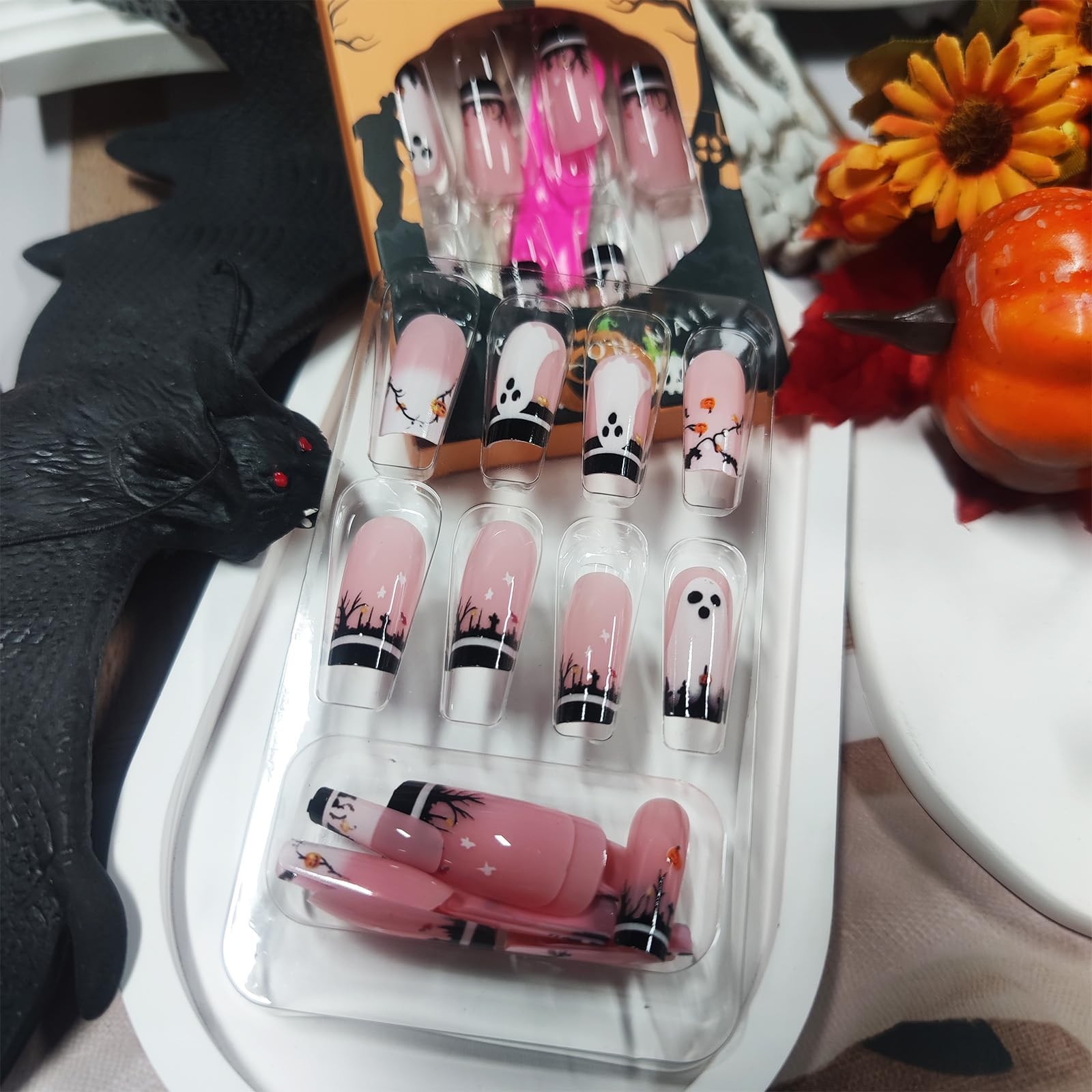 Halloween Press on Nails Pumpkins Stick on Fingernails 24Pcs Ghost Medium Squ…