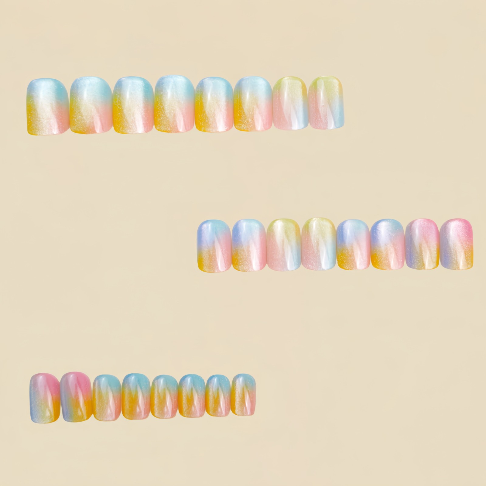48pcs Rainbow Gradient Glitter Press On Nails Shimmery Pastel Wearable Nail Art