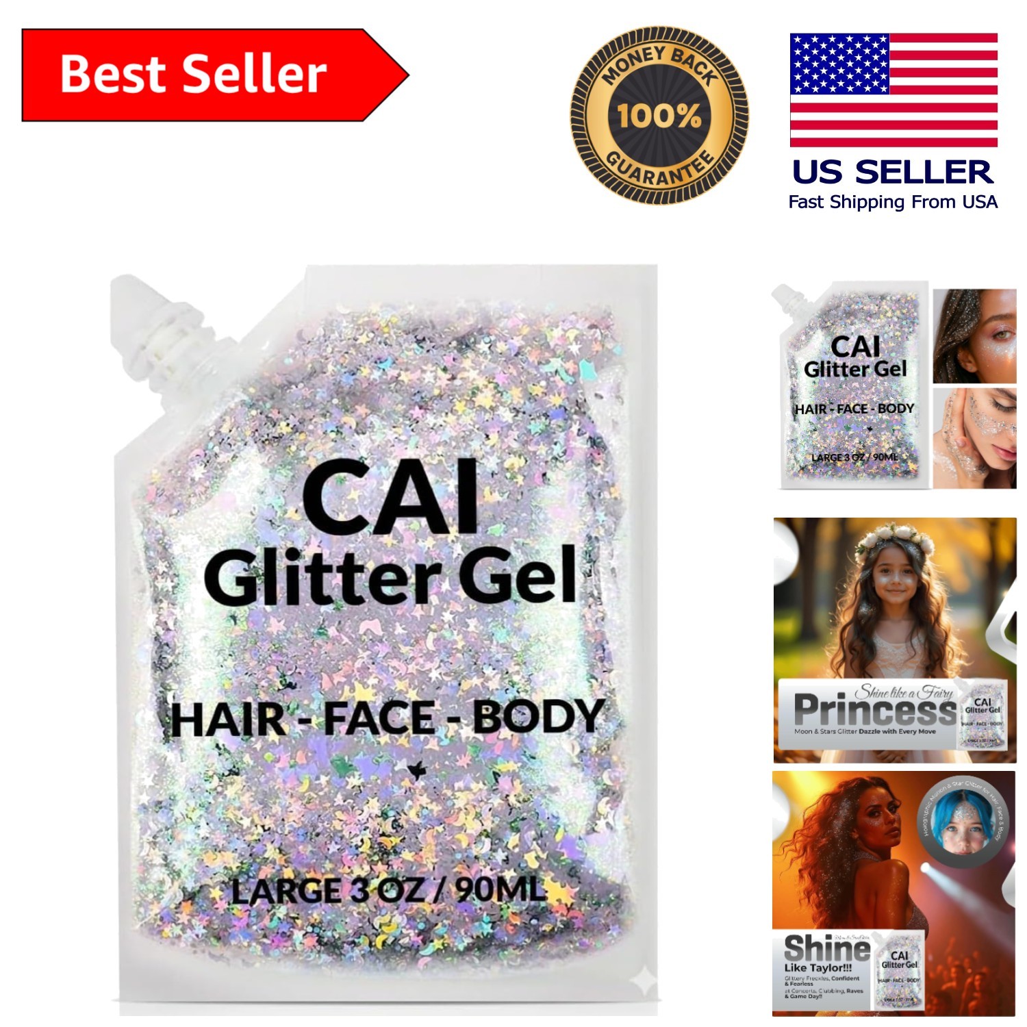 Long-Lasting Holographic Glitter Gel – Non-Toxic Body & Hair Makeup, 3 Oz