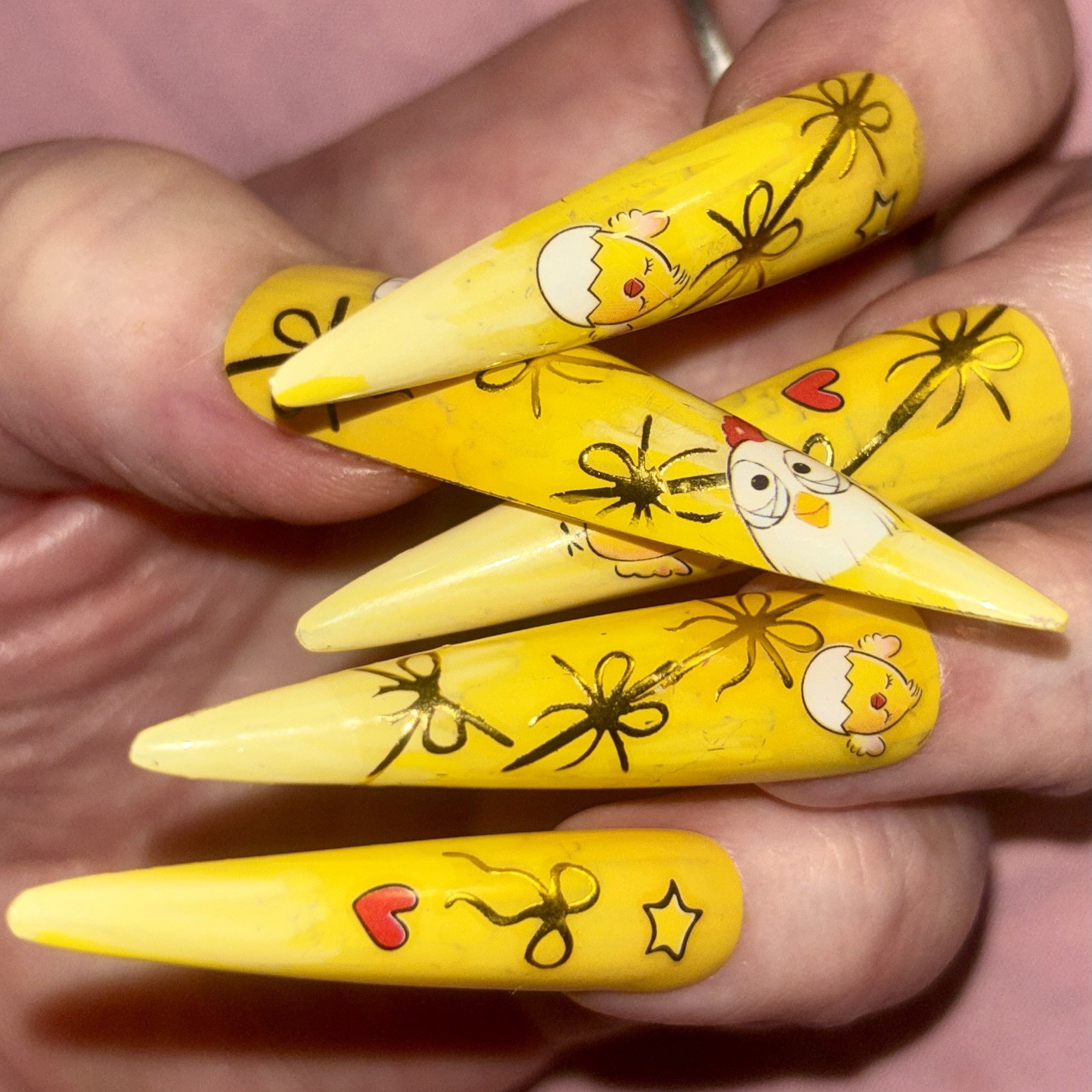 20 pc Cute Chicken Cartoon Design Extra Long Stiletto Press-On Nails Handmade