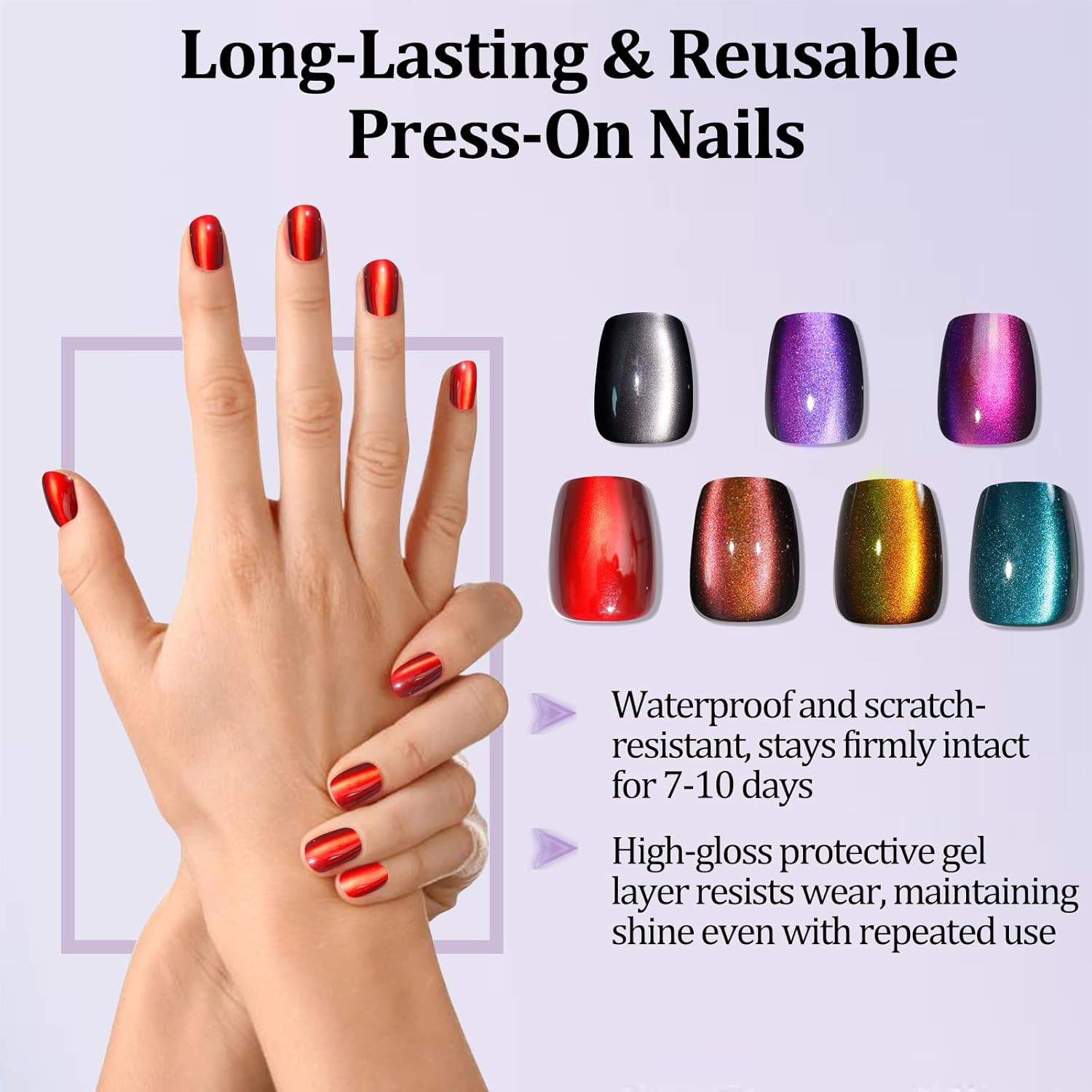 210Pcs Cat Eye Press on Nails for Women 7 Colors Short Square Reusable Nail Tips