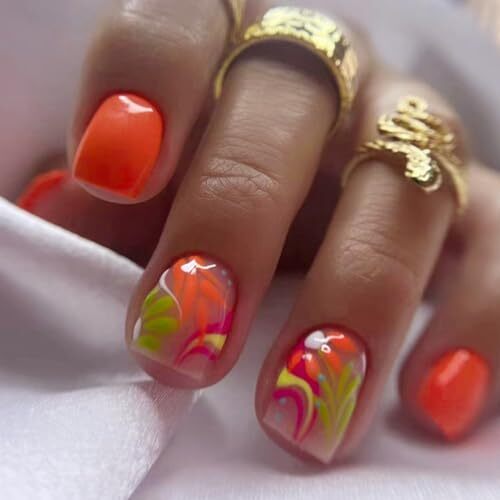 24Pcs Orange Press On Nails Short Square – WLGDLH Fake Nails Bright Design 1B1