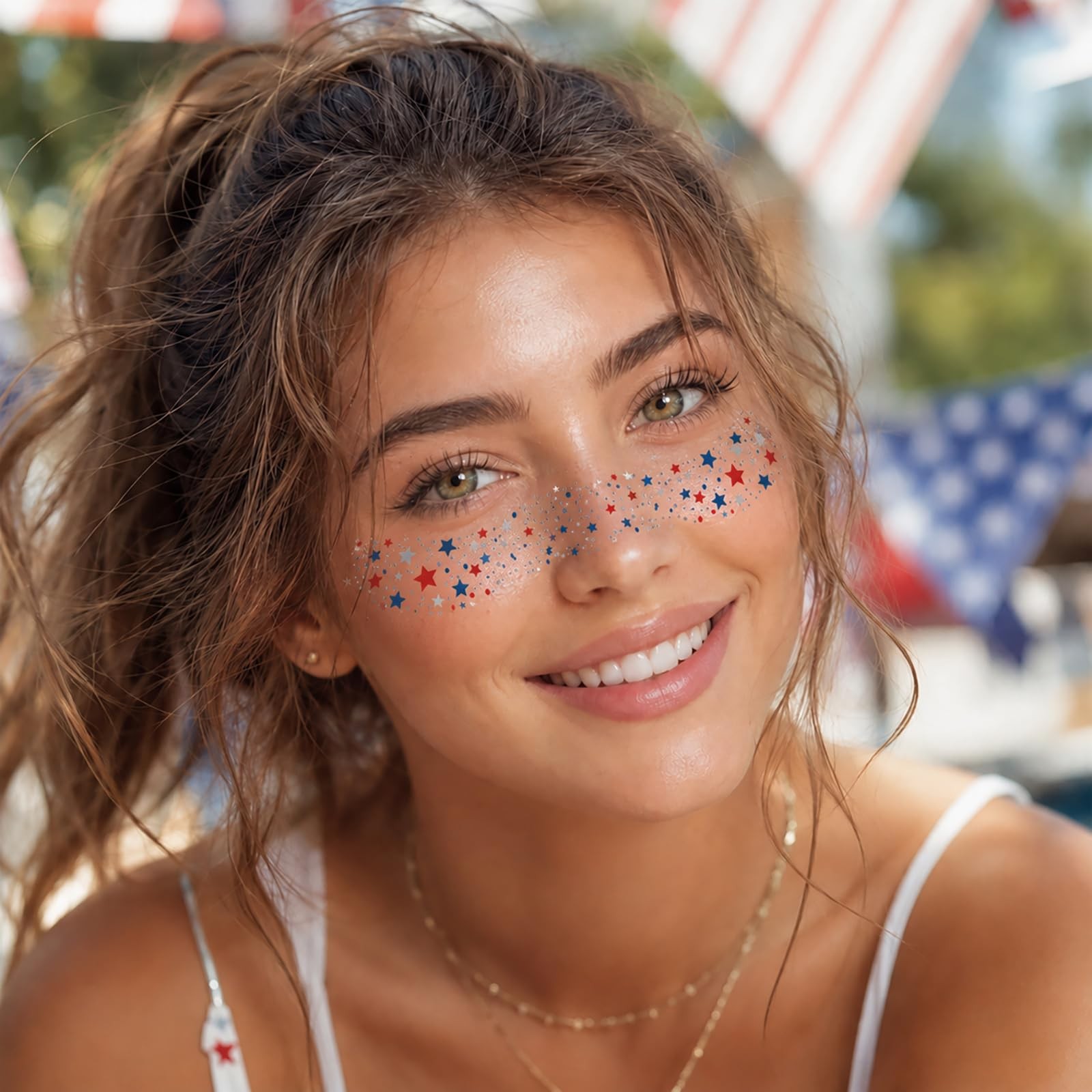 8 Pcs Red White Blue Star Freckle Stickers with Silver Glitter Powder for Face,