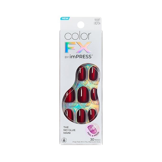 Press On Nails 30 Count Short Oval Red Glossy No Glue Kit with Prep Pad File
