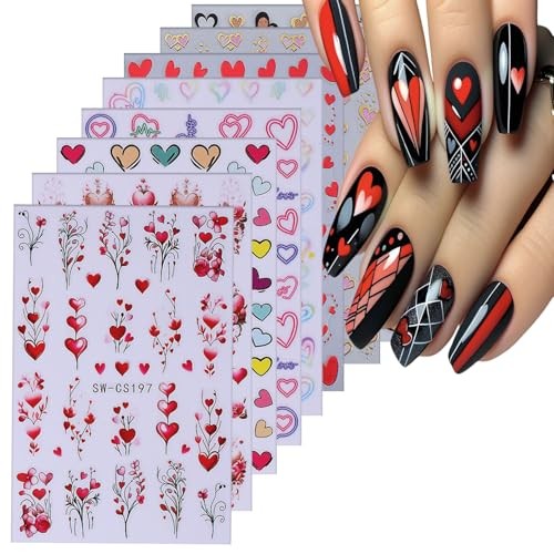 8 Sheets Valentine’s Day Nail Stickers Love Heart Decals 3D Self-Adhesive Love