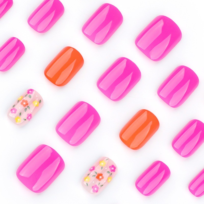 48pcs-Summer Floral Press on Nails, Short Round Glossy Pink Orange Fake Nails