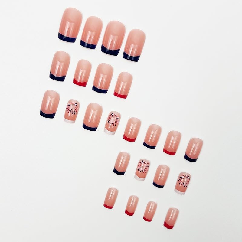 4th of July French Fireworks Press on Nails Short Square Multicolor