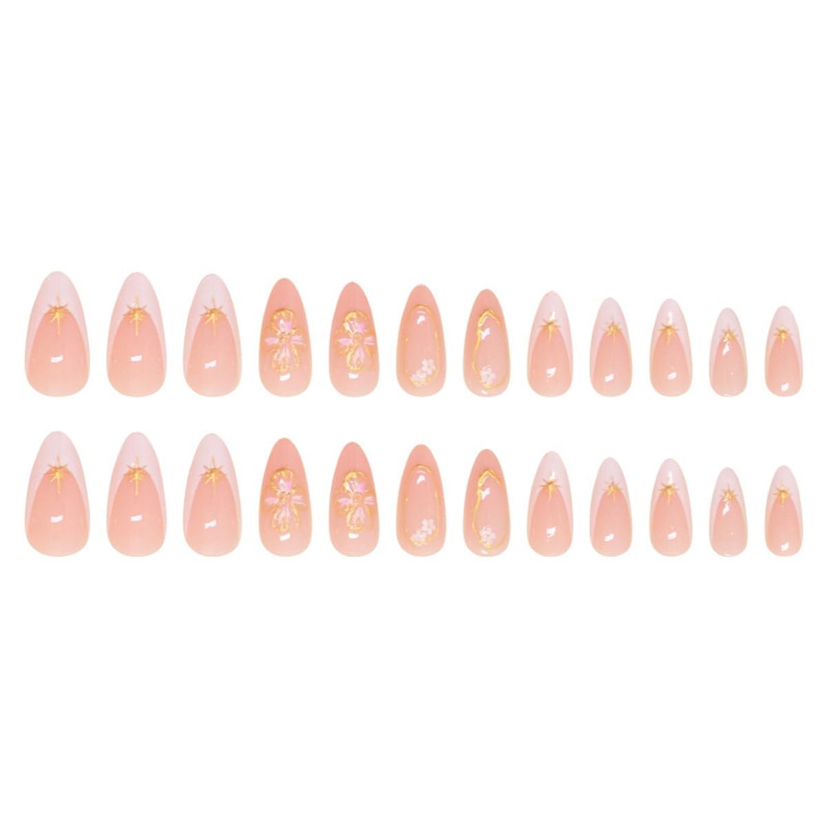 White French Tip Press on Nails Gold-Stamped Pink Flower Fake Nails Medium Al…