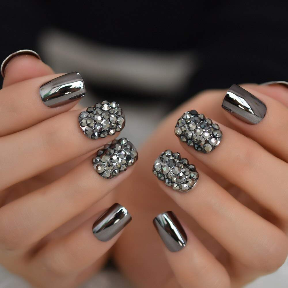 Punk Dark Smoky Gray Reflective Mirror Metal Plating False French Nail Tips Punk