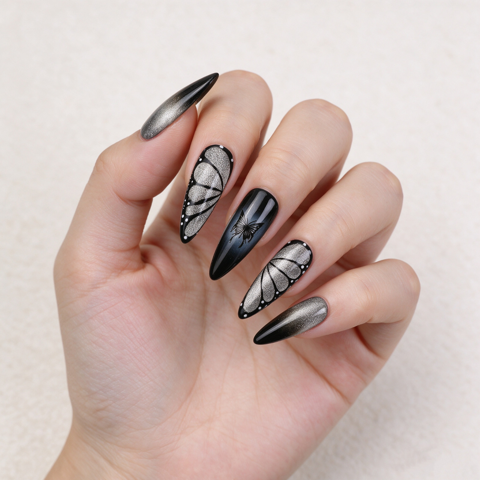 Press On Nails Long Stiletto Black Silver Butterfly Wing Glitter Gothic Nail Set
