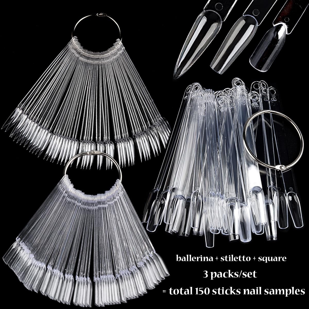 Nail Color Swatch Sticks with Ring, 150pcs Ballerina Square Stiletto Clear Nail