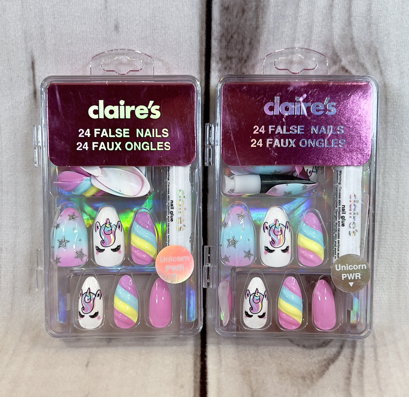x2 NIB Claire’s Fake 24 Press On Nails Unicorn Power Stiletto Pastel Rainbow