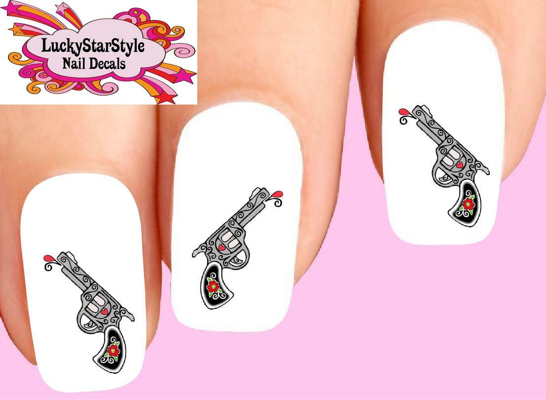 Waterslide Nail Decals Set of 20 – Tattoo Gun Pistol With Scrolls & Flower