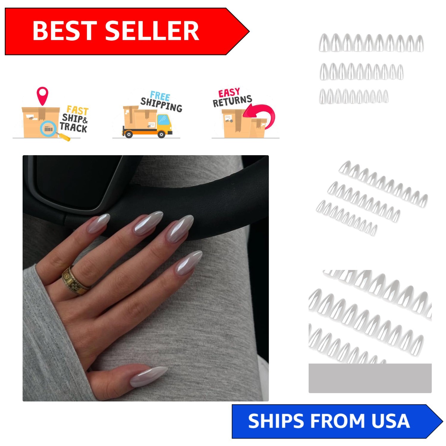 Glamorous 24 Pcs Chrome White Almond Nails – Safe Acrylic Full Cover Design