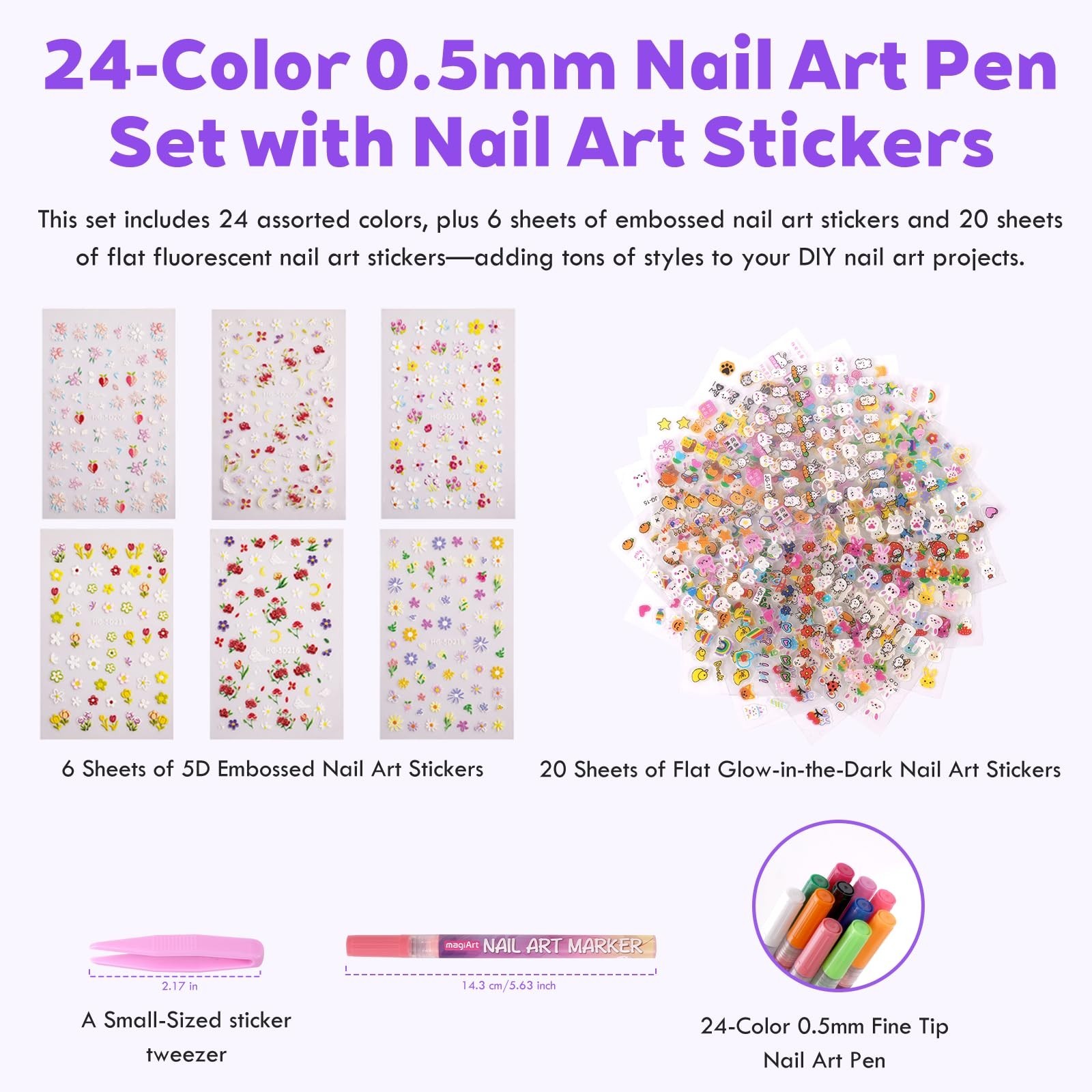 24 Colors Nail Art Pens Set – 0.5mm Fine Tip, Non-Toxic Waterproof Markers for D