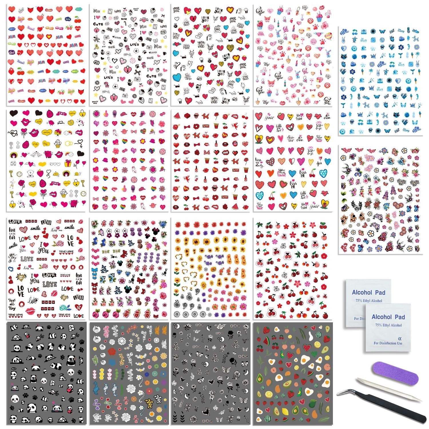 Nail Art Stickers for Women Girls Kids, 18 Sheets Acrylic Decals with Tweezer…
