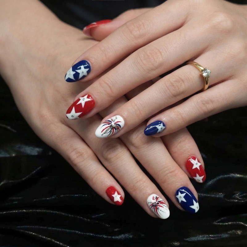 48pcs-4th of July Star Press on Nails, Almond Red White Blue with Fireworks