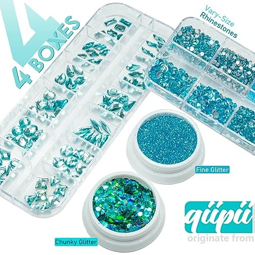 Aquamarine Nail Rhinestones Glitters 24 Shapes K9 Glass 4 Boxes Aquamarine Blue