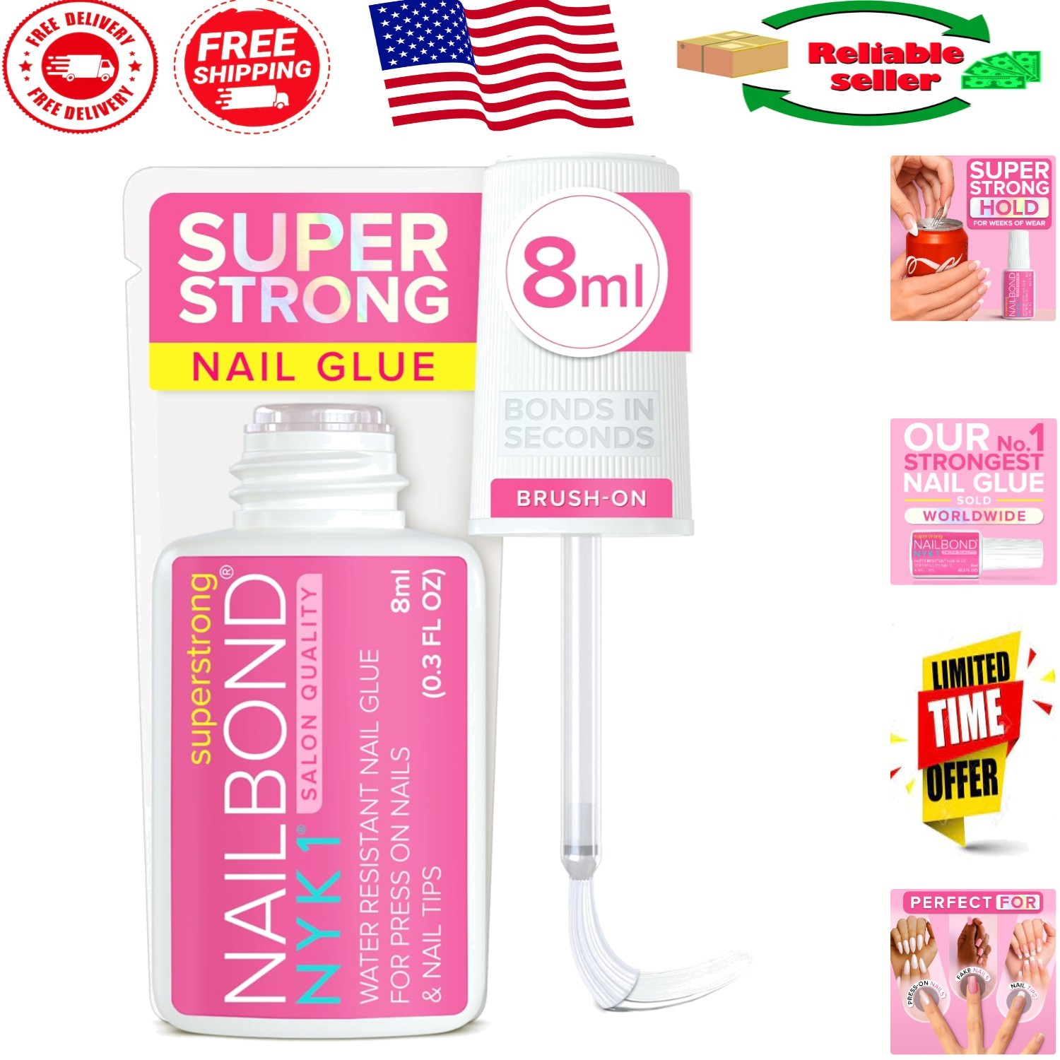 Clear Liquid Nail Glue for Press On & Acrylics – 8ml Fast-Drying Precision Brush