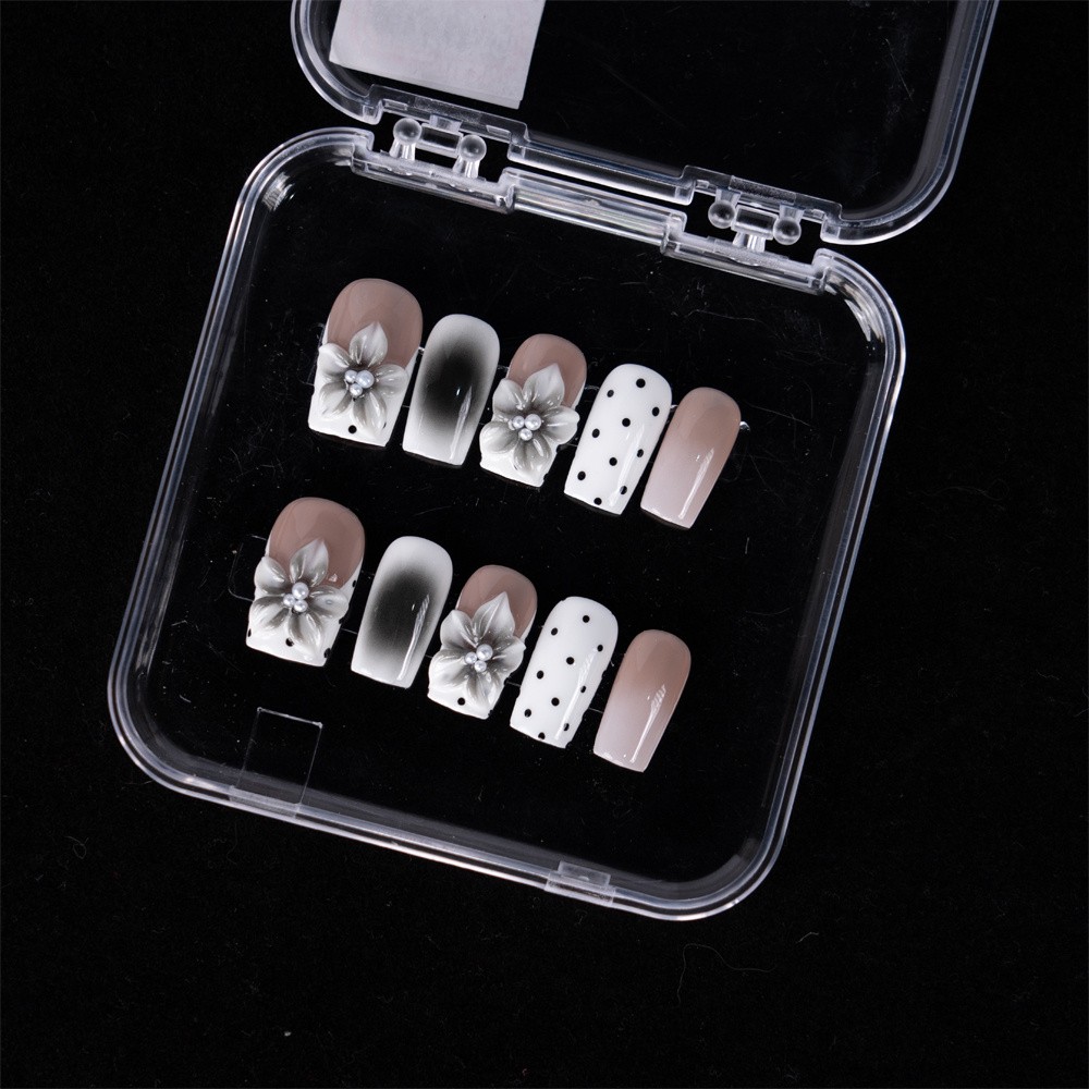 10pcs Medium Long 3D Flower Polka Dot Press On Nails