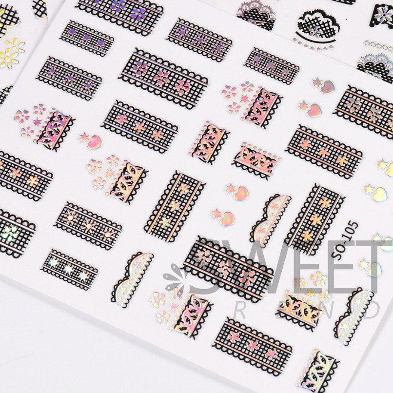 Silver Black Nail Sticker Laser Butterfly Rose Lace Flower Heart Peel Stick NH21