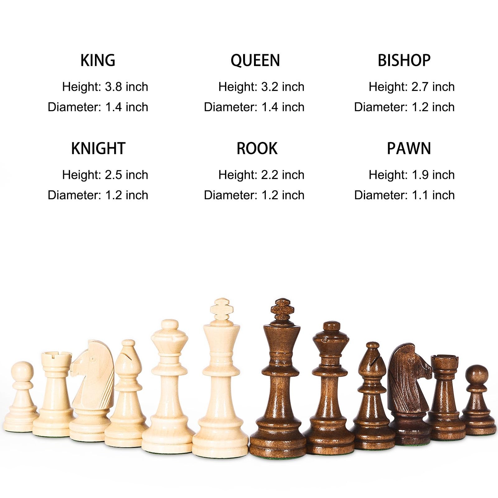 Vamslove Wooden Heavy Weighted Chess Pieces Only-3.8” King-Extra 2 Medium