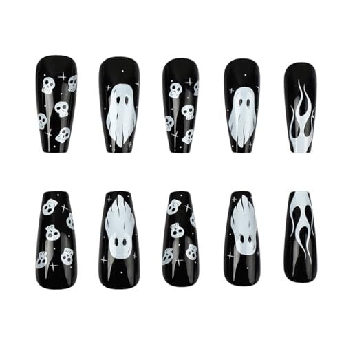 Black Halloween Press on Nails Square Long Fake Nails Ghost Flame C Nails 3