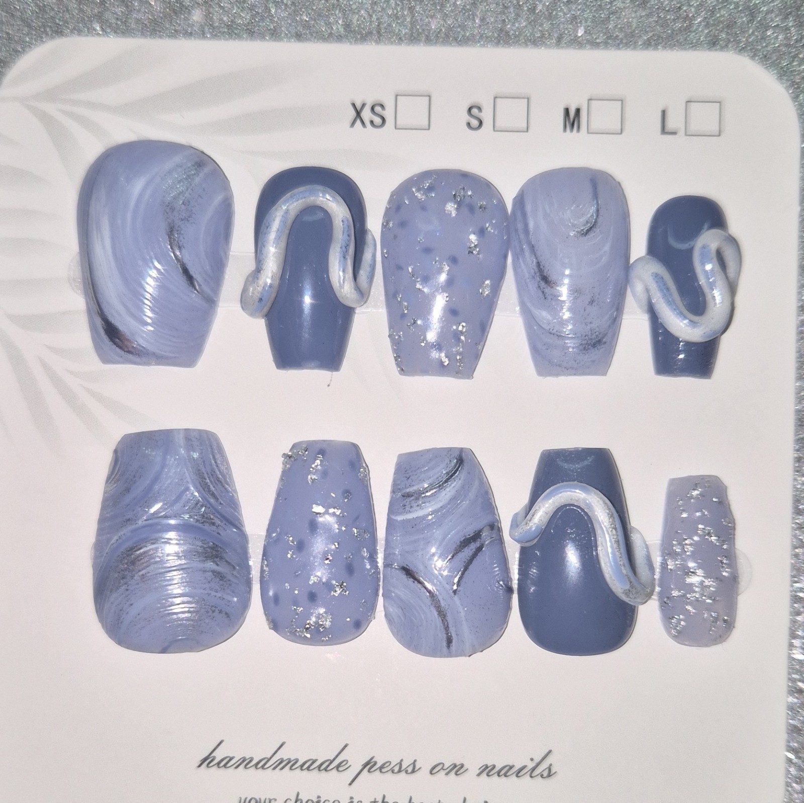 Blue Silver Glitter Abstract Short Coffin Press-On Nails Set Pre-Designed