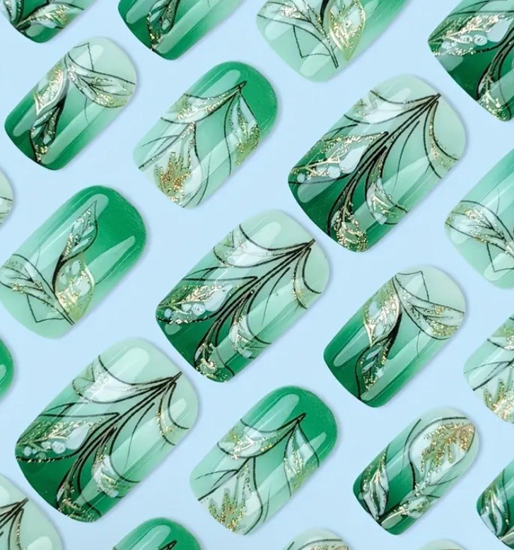24 Pc Square Leaf Shiny Short Press On Nails w/Glue & Stickons Glossy Leaves