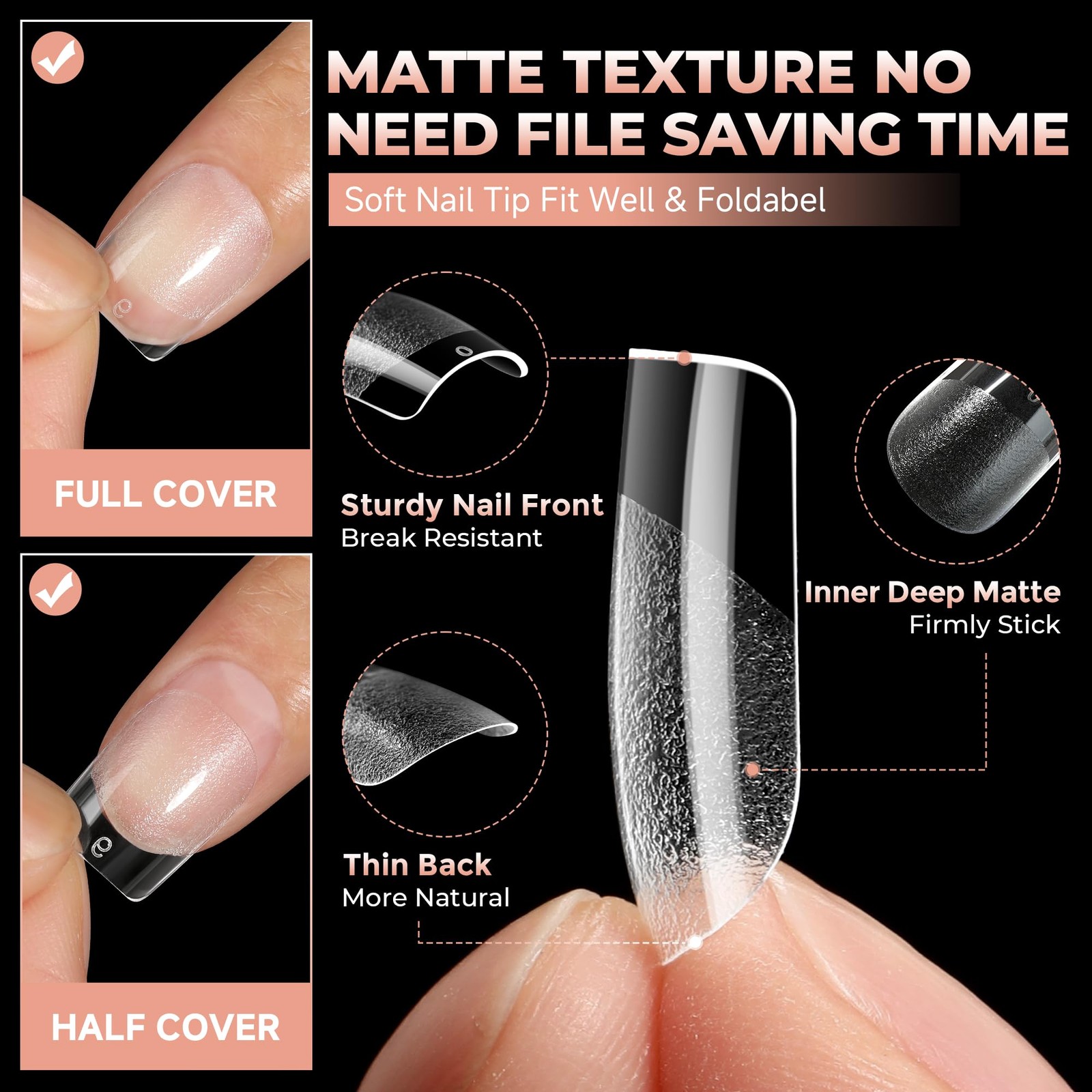 UNA GELLA Nail Tips Square: Pre-etched Matte 120 Piece Assortment, clear