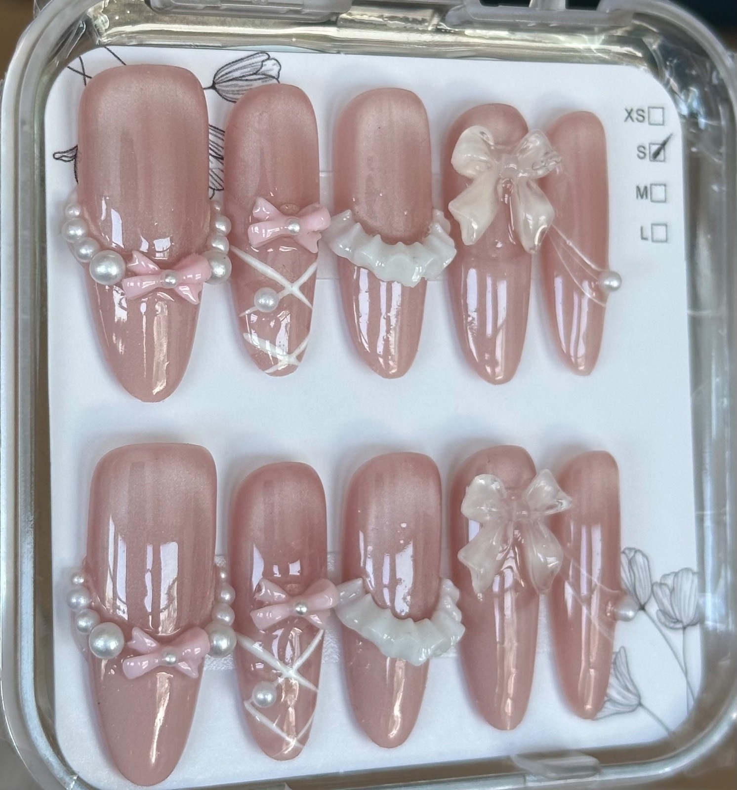 Press-On Gel Nails Set: Ballerina Bows & Pearls, long almond shape, size S