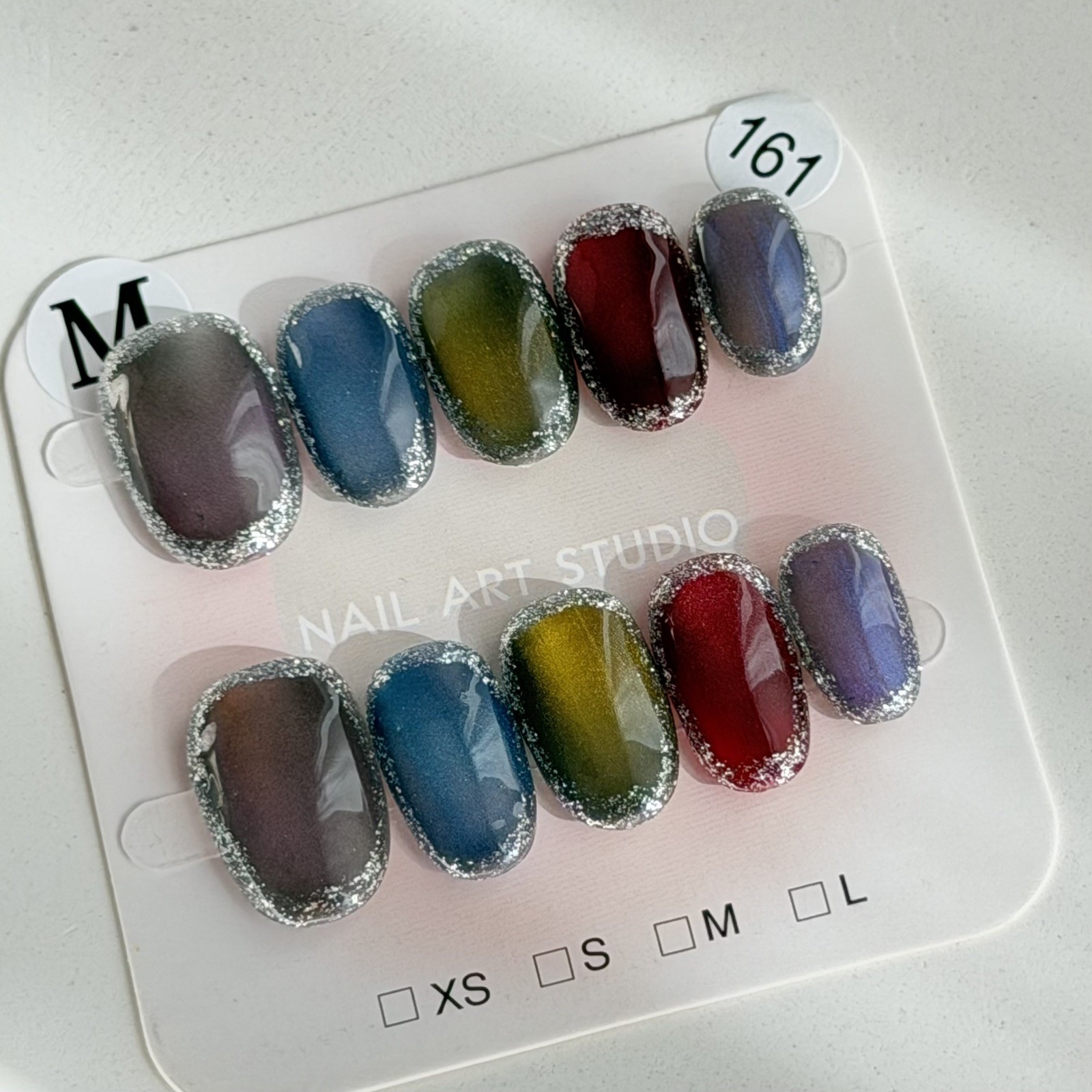 Handmade Color Glitter Edge Press-On Nails Short Oval Size M False Nail Reusable