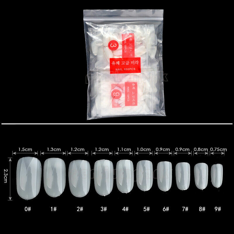 600 Round Head False Acrylic UV Gel Nail Art Tips 10 Size – Natural White Clear