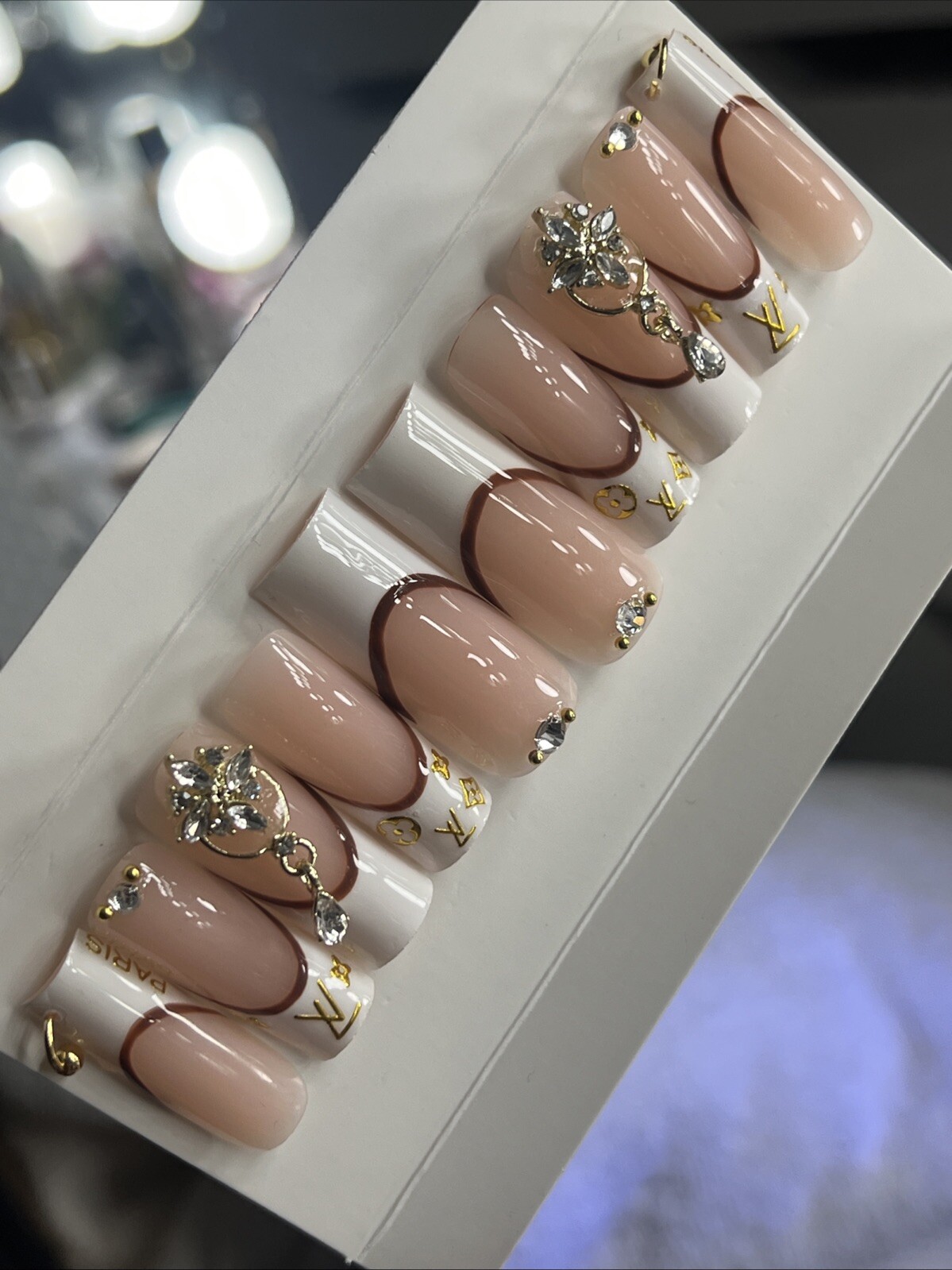 💎 CUSTOM Hard Gel Press On Nails, BLING NUDE , 10p FULL SET W Kit LONG SQUARE
