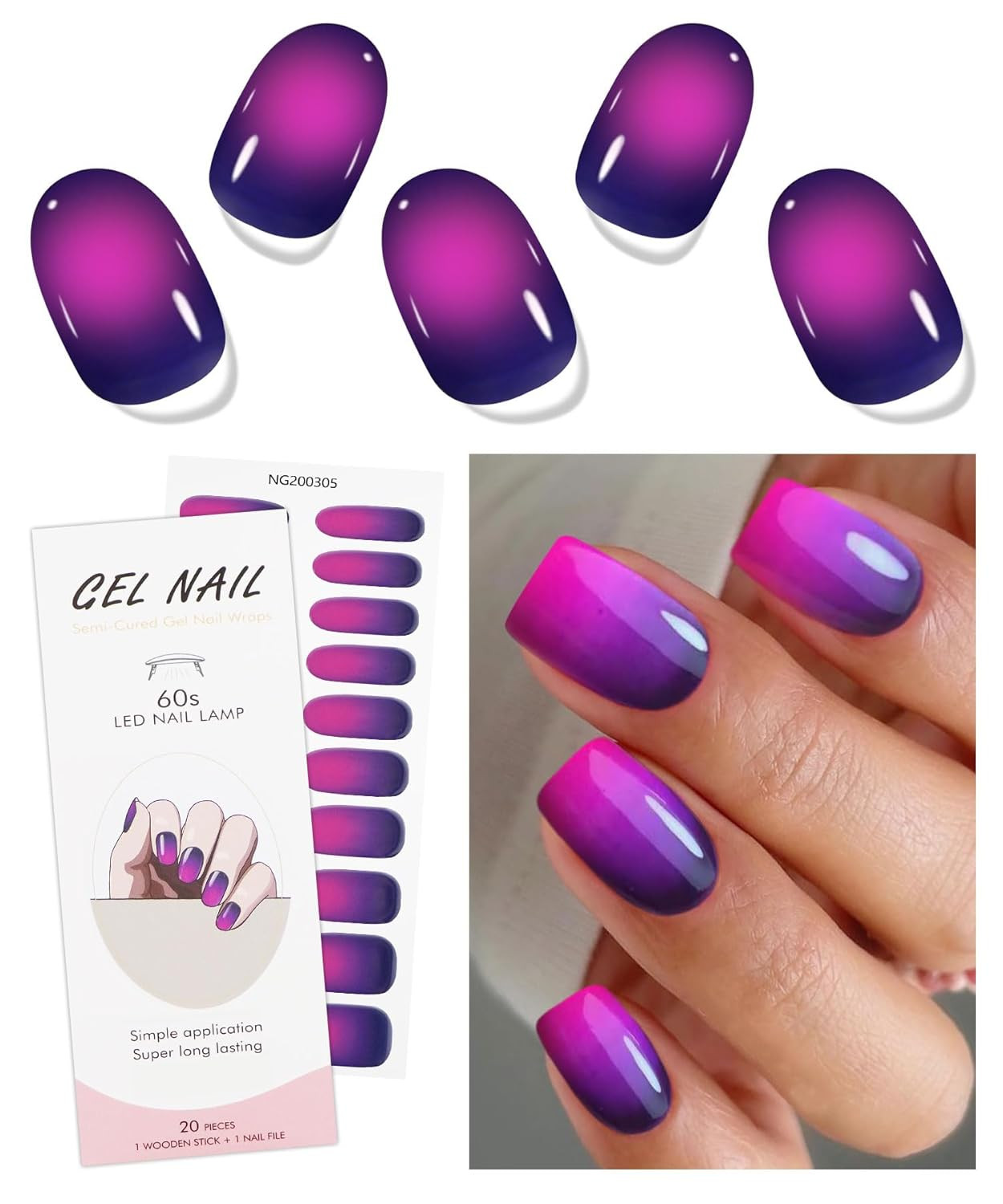 Gel Nail Stickers Pink Purple Semi Cured Gel Nail Strips Wraps UV/LED Nails Art