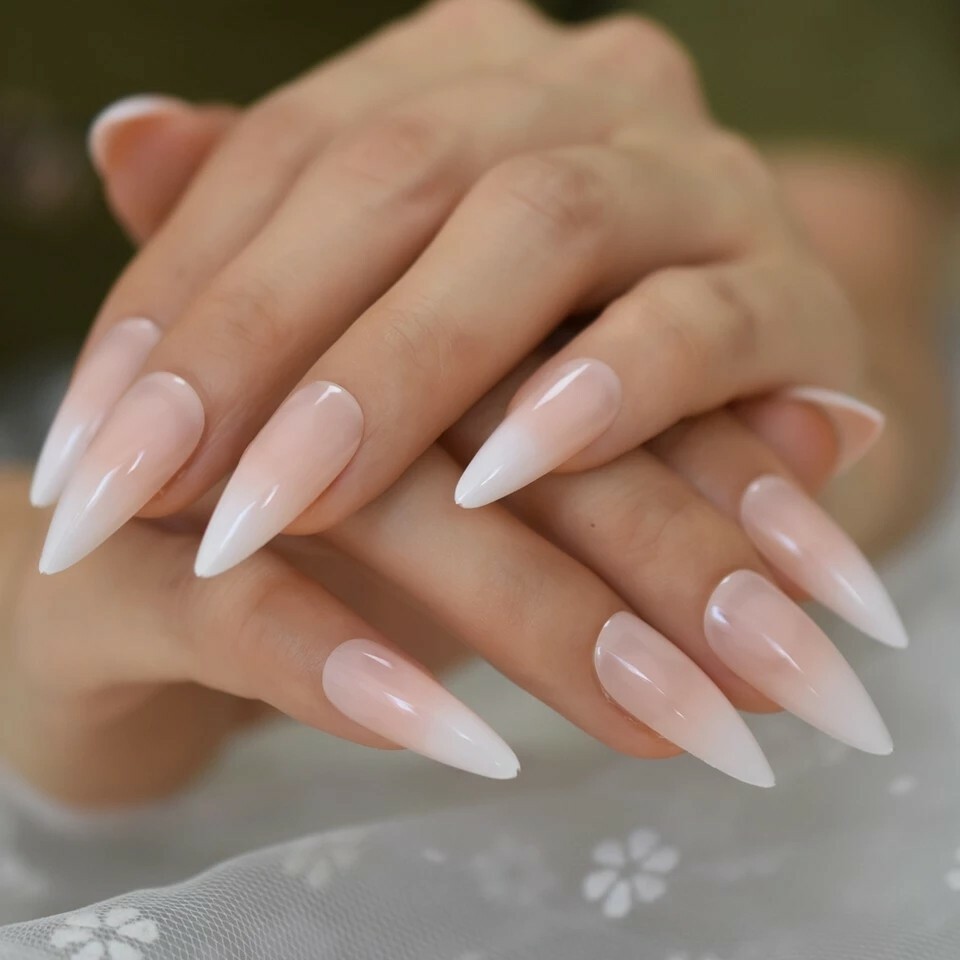 Ombre French Tip Press On Nails Stiletto White Nude Baby boomer pointed classic