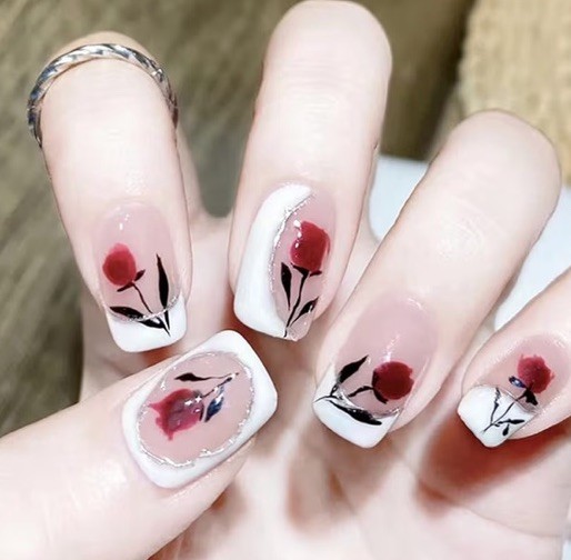 Press-On Nails Set, Pink Red White Black, Flower French, Short Square. Full Set