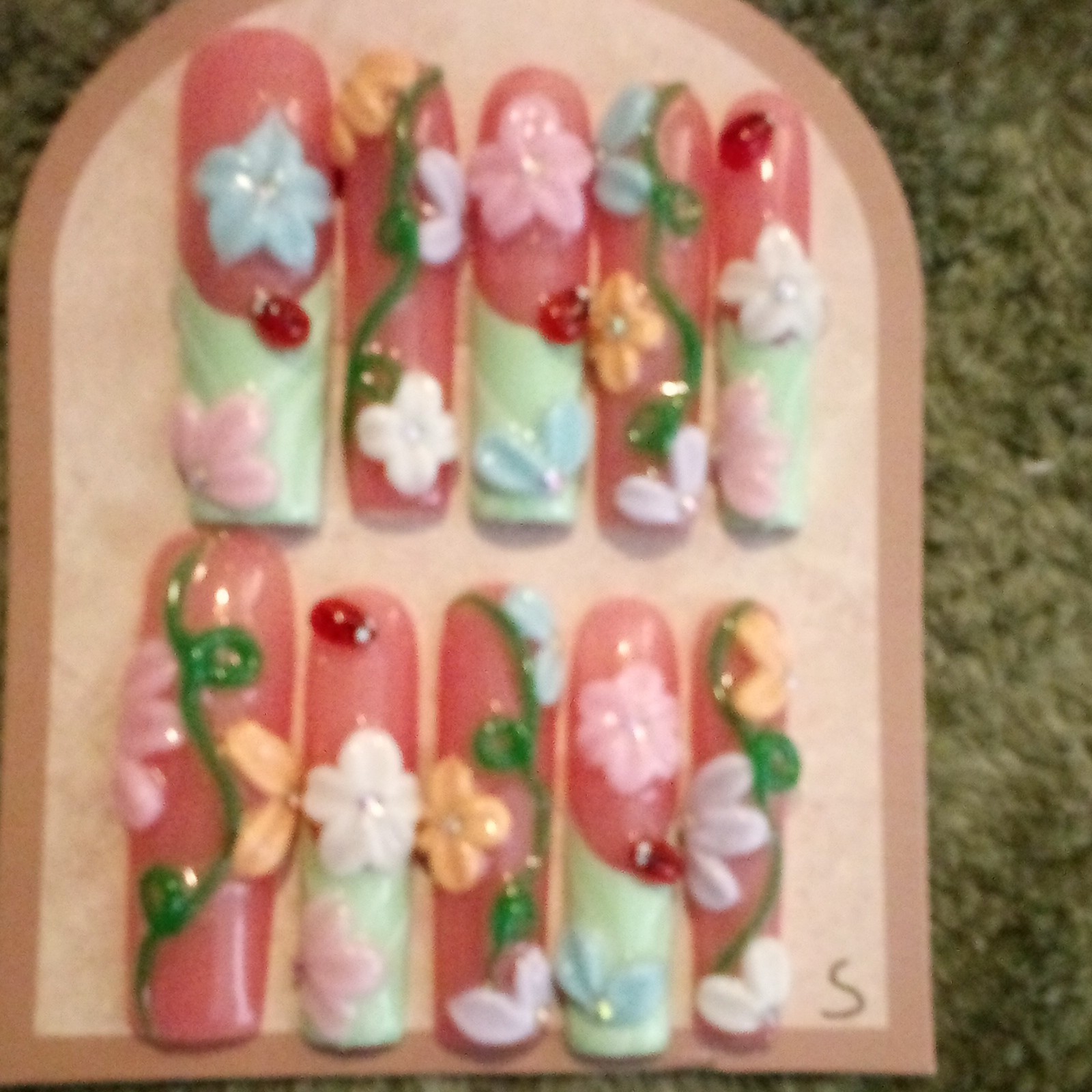 3D Shiny Press-On Nails Pink Green Multicolor Long Coffin Flower Full Cover