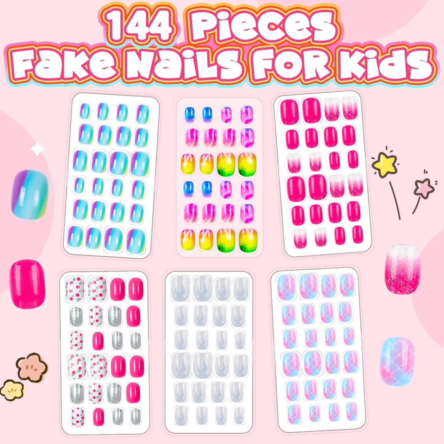 144 Pieces 6 Pack Kids Press on Nails Artificial Fake Nails for Kids Girls Pr…